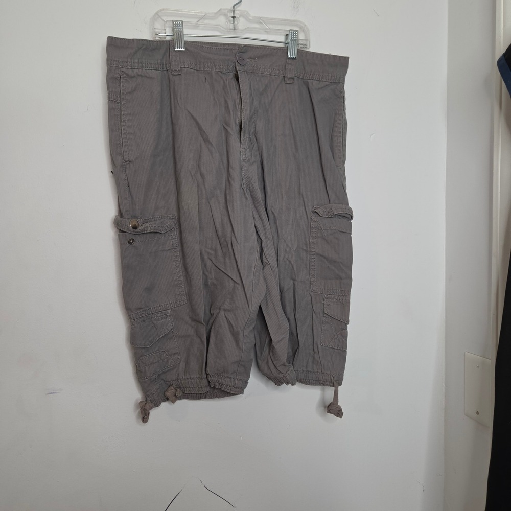 Carbon Mens Grey Cotton Cargo Shorts Size 32 Utility Multi Pocket Drawstring Hem